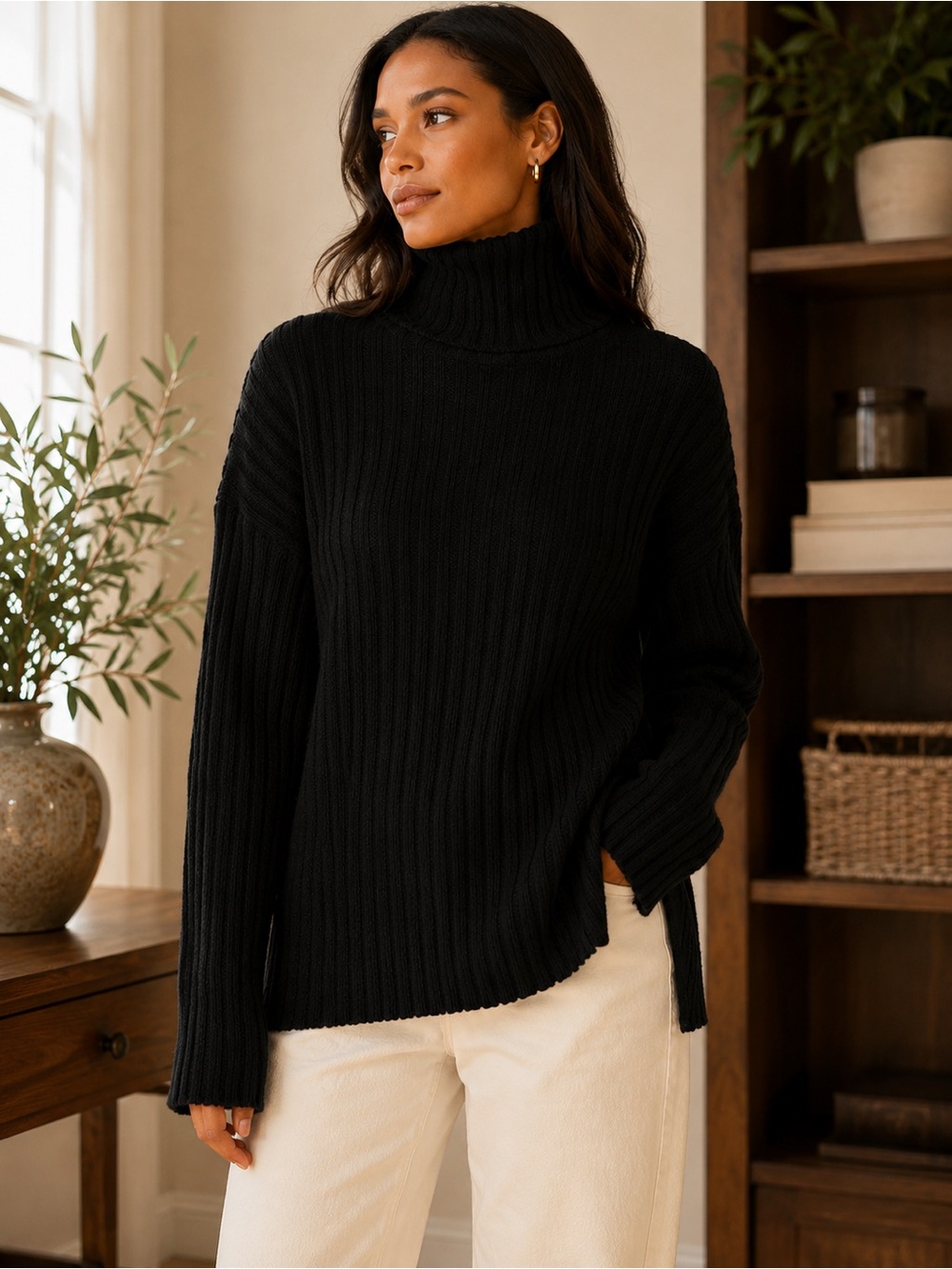 Theory Black Ribbed Merino Wool Cashmere Turtleneck Sweater Side Slit Size S